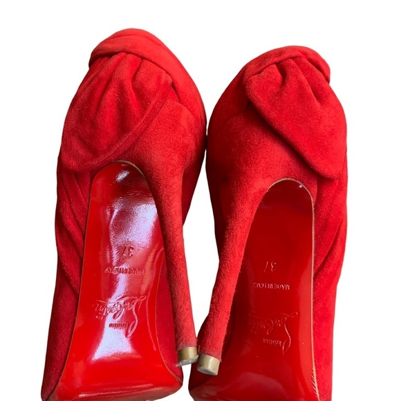 Christian Louboutin Barbara 100 Oeillet Red Suede Peep Toe Bow Heel Pumps - Picture 11 of 13